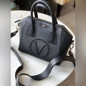 Valentino Black Leather Top Handle Studded Logo & Detachable Strap Handbag Purse